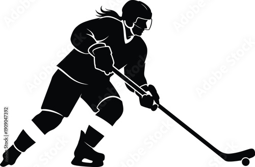 Silhouette of female ice hockey player in action with stick and puck