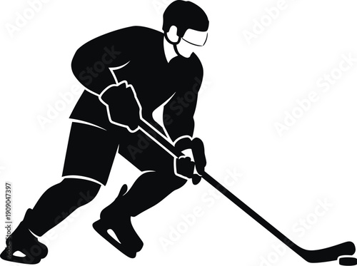 Silhouette of male ice hockey player skating with stick and puck