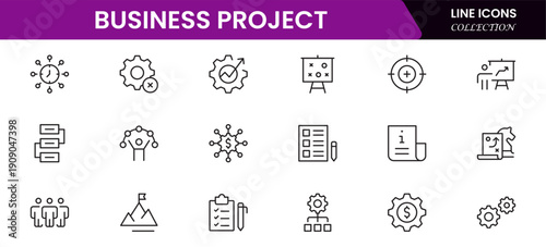 Business set of web icons in linear style. Business Project icons for web and mobile apps. Business, organisation management, planning, project, startup, marketing, teamwork. Vector illustration