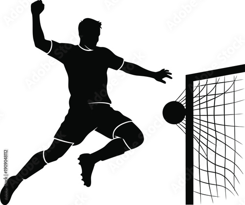 Soccer goalkeeper diving to save ball, stopping a goal, action silhouette isolated on transparent background