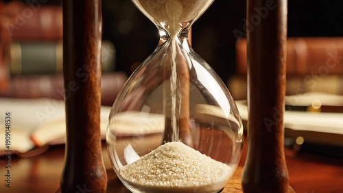 An antique wooden hourglass featuring finely sifted sand meticulously measuring the passage of time amidst scholarly leather-bound books.