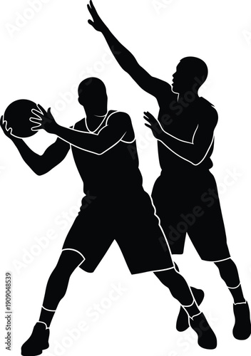 Basketball players, one with ball, other defending, dynamic poses, silhouette graphic