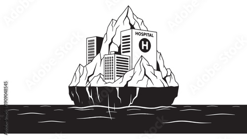 Arctic hospital on iceberg representing remote emergency medical services and winter healthcare illustration