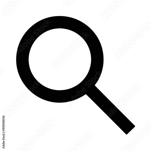 A large black magnifying glass icon on a white background for search