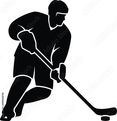 Ice hockey player silhouette vector illustration, dynamic black figure of an athlete with stick and puck