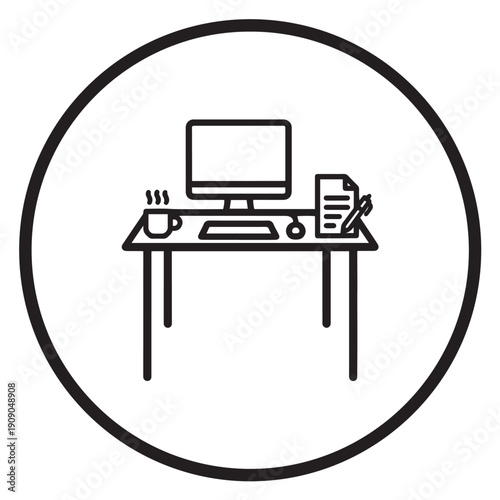 Simple black and white line art icon representing a functional computer workstation set up for focused digital productivity tasks