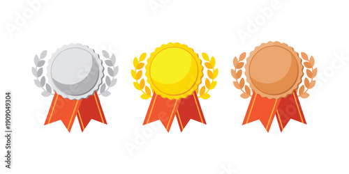 Gold, silver and bronze medals with blue ribbon flat vector icons for sports apps and websites