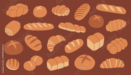 Flat vector bakery set with assorted bread, buns, baguettes and croissants. Warm brown color palette, cute minimal style, isolated food illustrations perfect for bakery branding, menus and packaging