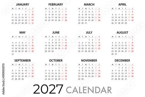 Calendar planner for 2027 Week Starts Monday. Simple Vector Template eps 10.