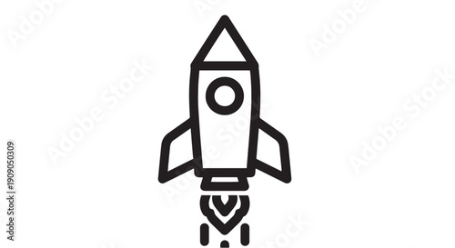 Simple black line icon illustrating a classic cartoon rocket ship taking off with blazing exhaust flames