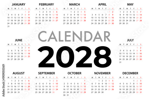 Calendar planner for 2028 Week Starts Monday. Simple Vector Template eps 10.