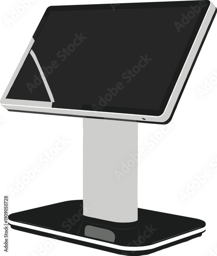 Touch screen POS terminal mockup on stand, modern retail payment system device illustration, digital cashier display for store and restaurant