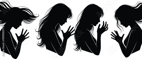 Woman praying silhouette collection with emotional expression, spiritual meditation and faith concept illustration, black female profile set isolated