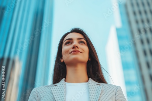 Businesswoman looking up with determination and ambition towards a bright future, standing empowered against the backdrop of modern skyscrapers and urban architecture