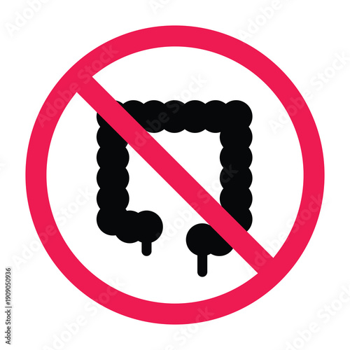Forbidden sign with large intestine icon, vector illustration
