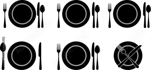 Dining table place setting silhouette set with plates fork knife and spoon, restaurant etiquette concept vector illustration isolated on white background