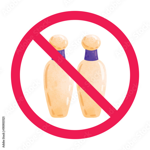 No bowling sign, bowling prohibited symbol, do not play bowling symbol, forbidden sign with bowling pins icon, vector illustration