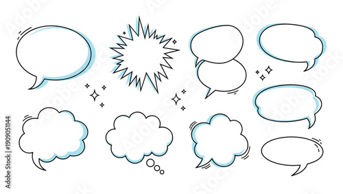 Collection of comic style speech bubbles and dialogue clouds features various shapes, outlines, and sparkling elements.