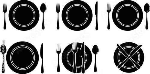 Dining tableware silhouette vector set, plate fork knife spoon icons, black and white place settings illustration for restaurant menus, kitchen design, food service graphics