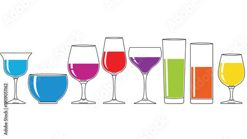 Selection of various glassware and drink containers filled with colorful liquids like wine, juice, and mixed cocktails.