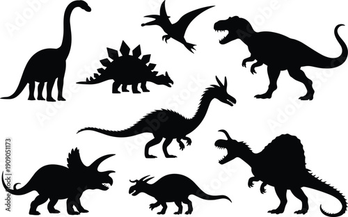 Dinosaur silhouette vector illustration set featuring T-Rex, Stegosaurus, Triceratops, Pterodactyl and Brachiosaurus, prehistoric wildlife collection, Jurassic era animal design.