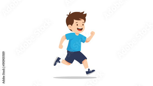 Cheerful cartoon boy with brown hair is happily running forward while wearing a bright blue shirt and navy shorts.