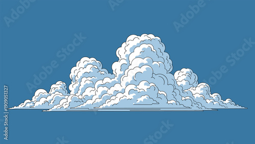 Beautiful illustration of large puffy white and light blue clouds grouped together against a clear solid blue sky.