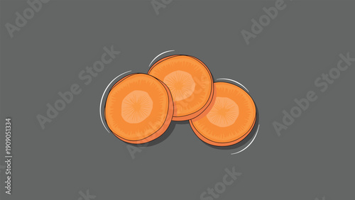 Three round slices of a fresh orange carrot are shown from an overhead perspective on a neutral dark grey background.