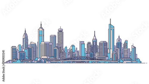 Intricate line art illustration depicts a sprawling modern city skyline with numerous skyscrapers and office buildings.