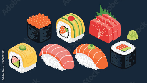 Variety of Japanese sushi rolls and sashimi pieces with wasabi are displayed against a dark navy blue background.