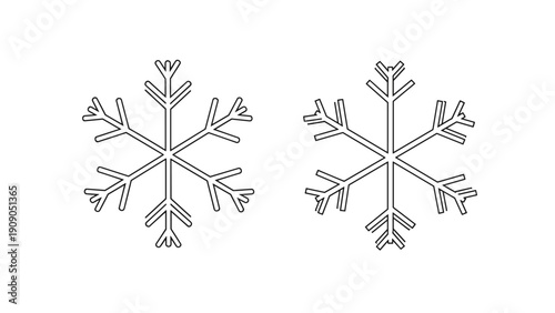 Pair of simple black outline drawings depict symmetrical snowflake patterns on a clean and empty white background.