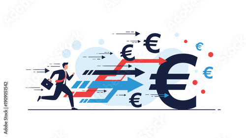 Businessman runs toward a large Euro currency symbol while numerous arrows and smaller symbols indicate financial trends.