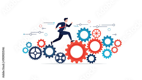 Professional man in a suit runs across a bridge of colorful interlocking mechanical gears representing business processes.