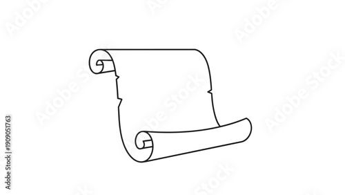 Simple black line drawing of an ancient unrolled paper scroll parchment isolated on a plain white background for historical designs.