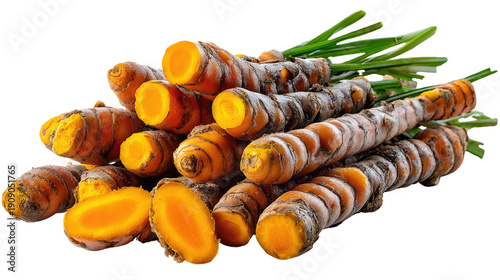 Golden Spice Pile: A vibrant composition of fresh turmeric roots and cut sections showcasing their rich, earthy colors and health-giving properties.