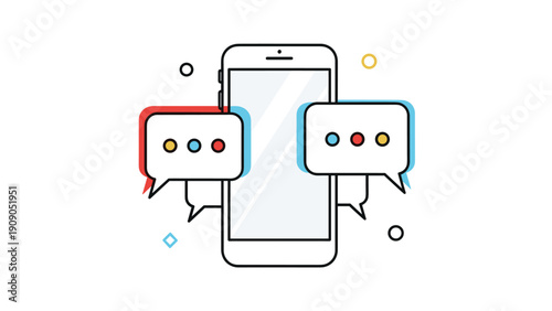Centered illustration of a white smartphone surrounded by colorful speech bubbles with three dots indicating active chat.