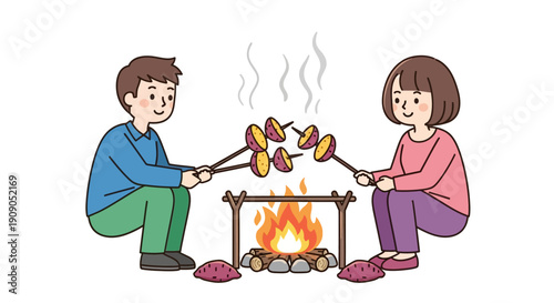 Happy couple roasting sweet potatoes over a campfire during a cold evening