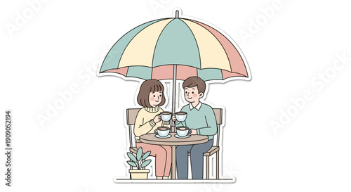 Couple enjoying coffee together under a pastel umbrella on a sunny day