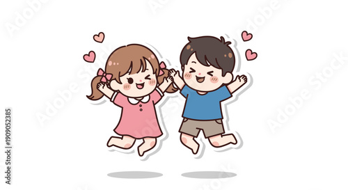Cute cartoon couple jumping with joy and love, hearts floating around them