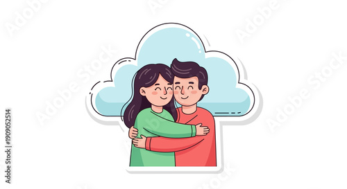 Cute Couple Hugging Inside a Cloud Illustration for Romantic Moments and Affection