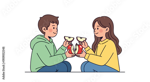 Two happy children sharing a sliced apple in a heartwarming moment of friendship