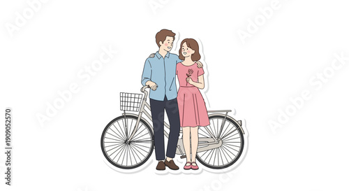 Young Couple with Bicycle Romantic Togetherness and Love Illustrated Sticker Design