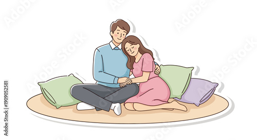 A couple holding hands and embracing while sitting on floor cushions