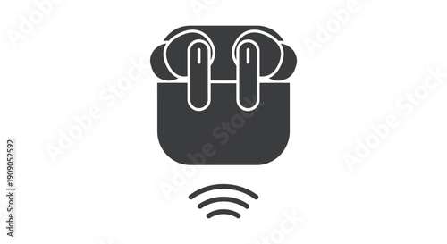 Wireless earbuds icon showing charging case and active signal transmission graphic below