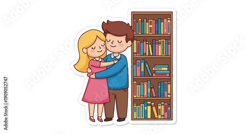 Couple hugging in front of a bookshelf filled with books, love for reading