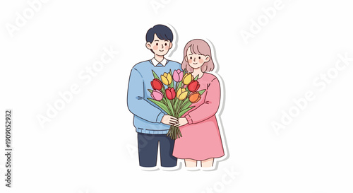 A happy couple holding a bouquet of colorful tulips on white background