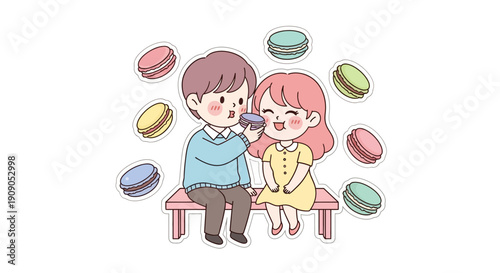 Couple sharing a delicious macaron treat on a bench surrounded by colorful macarons