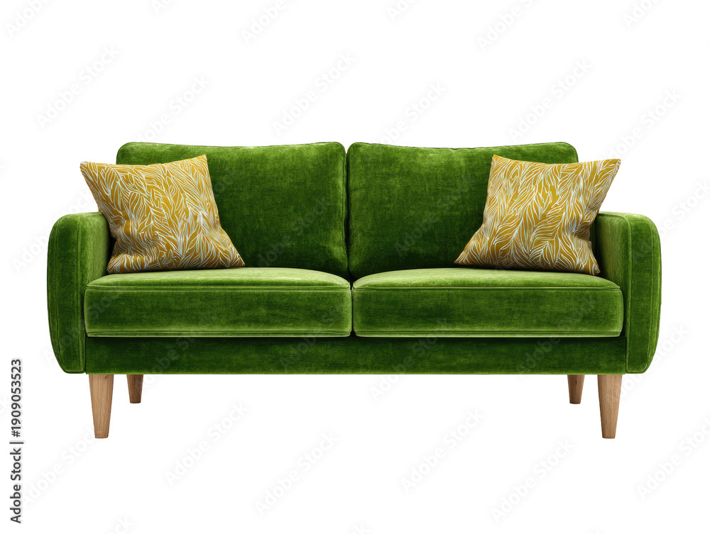 Fototapeta premium A vibrant green two-seater sofa with two patterned yellow cushions against a solid black backdrop