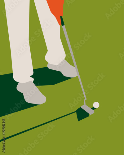Close-up flat illustration of a golfer's feet and putter hitting a golf ball on the green.