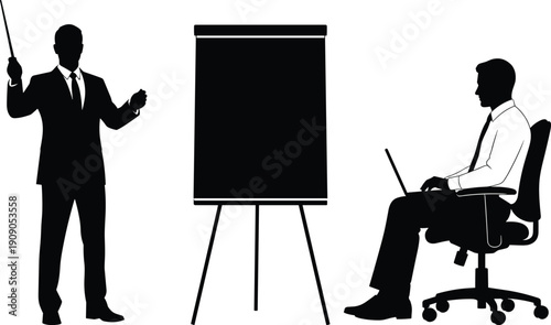 Business presentation meeting with speaker pointing at blank flip chart and colleague working on laptop silhouette isolated on white background